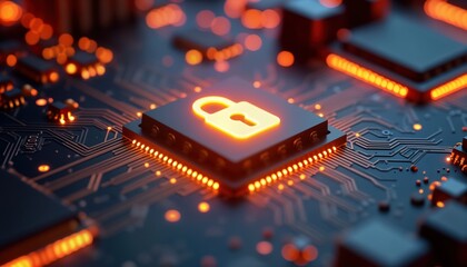 Fototapete - Modern tech security concept. Illuminated lock symbol on microchip. Advanced circuit board with glowing components. Futuristic tech illustration. Secure digital system. Innovative protection. Cyber