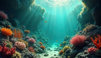 Aufkleber - Vibrant underwater garden with colorful coral, marine plants. Sunlight streams through water creating beautiful underwater scene. Oceanic life thrives in aquatic environment. Rocks, coral reefs