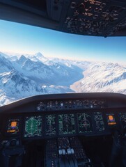 Poster - Cockpit view of a commercial airplane flying over snow capped mountains at sunrise. Generative AI