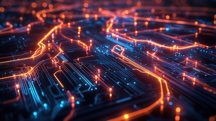 Aufkleber - Abstract Digital Circuit Board Glowing With Orange And Blue Light