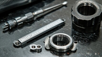 Poster - Precision Machined Metal Parts and Tools Arranged on a Surface