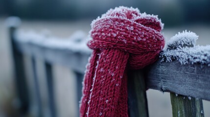 Poster - Frosty Red Knit Scarf on Wooden Fence