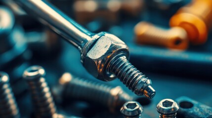 Poster - Closeup of metallic threaded bolt and nuts