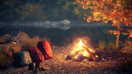 Poster - Autumn Campfire Scene With Backpacks And Boots