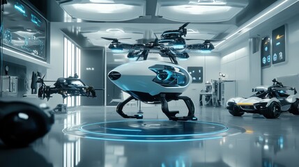 Poster - Futuristic Drone Vehicle In Modern Hangar Bay