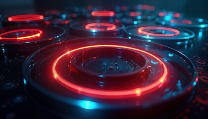 Aufkleber - Abstract design with glowing circles. Circular patterns in dark space. Neon light effects create vibrant colors. Modern design. Futuristic style. Excellent for tech backgrounds. Stylish geometric