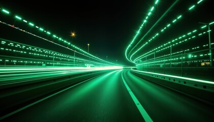 Aufkleber - Green traffic light illuminates highway at night. Vehicles blur in motion. Dynamic urban road transport scene. Futuristic eco-friendly concept. Renewable energy sources in action. Highway shows