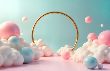 Aufkleber - Pastel colored spheres float in air above fluffy clouds. Soft clouds, round shapes form landscape. Golden ring hovers above scene. Dreamlike, whimsical atmosphere. Scene light, airy. Perfect for