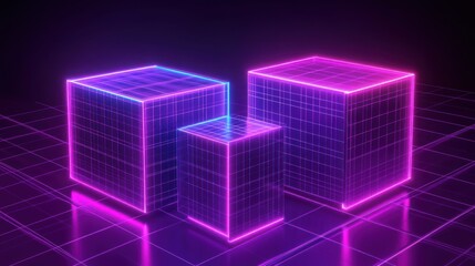 Poster - Neon Cubes Glowing in a Digital Grid Setting