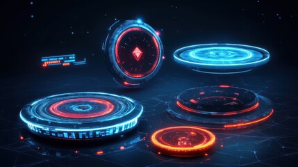 Poster - Futuristic Neon Circular Interfaces Glowing Brightly