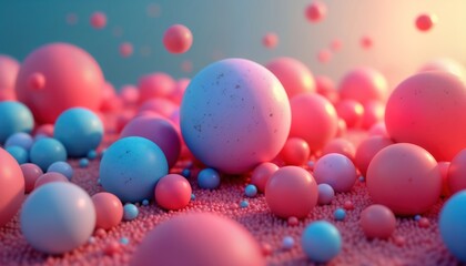 Poster - Abstract 3D render background displays colorful spheres in various sizes, shades of pink, blue. Spheres seem to float, cluster together on subtle pink surface. Vibrant colors create dynamic, playful