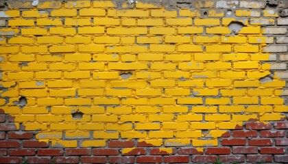 Fototapete - Aged yellow brick wall shows texture, distress. Weathered paint peels revealing different colors. Vintage brick facade presents rustic look. Old building with worn appearance. Urban background