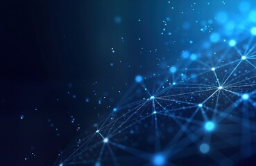 Poster - Abstract futuristic network design with shiny blue lines, points. 3D tech structure on dark blue background. Modern concept for web business presentations. Illustrates connection, advanced tech.