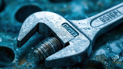 Poster - Adjustable Wrench Gripping a Metal Bolt