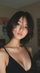 Wall Mural - Asian girl in her 20s, short hair, somber face, selfie in her room