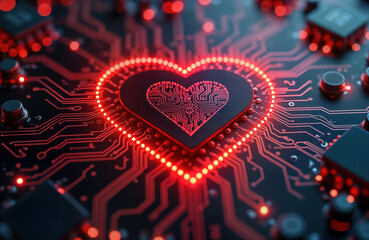 Leinwandbilder - Close-up view heart-shaped electronic circuit on motherboard. Red glowing lights surround circuit. Tech design represents love, digital innovation. Futuristic illustration of tech, emotion. Heart