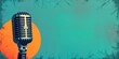 © miss irine - Vintage microphone on teal background with orange circle. Retro style. Creative design template for advertisement media. Abstract collage art. Modern visual for news, shows interviews. Graphic design