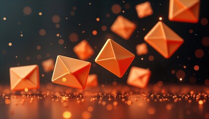 Poster - Abstract illustration shows orange email icons floating in air. Dynamic design evokes fast communication, online message delivery. Modern illustration suggests digital marketing ideas, email