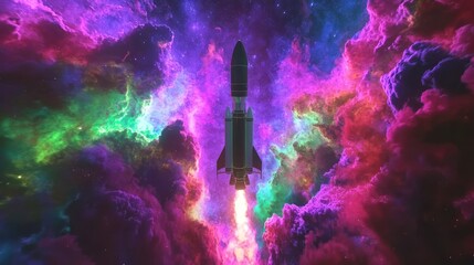 Poster - Rocket Ascending Through Vibrant Cosmic Nebula