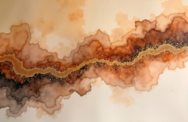 Poster - Abstract art background features flowing brown, gold colors. Watercolor technique creates marble effect with golden glitter. Blended colors create unique design for various uses. Horizontal format