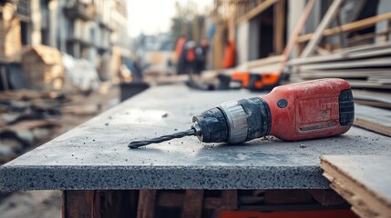 Poster - Red Cordless Drill Resting On Construction Site Surface