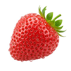 Wall Mural - Juicy Red Strawberry: A plump, ripe strawberry with a glossy red surface and green leaves, glistening with dew drops, is captured in a captivating close-up.  