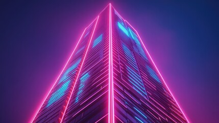 Poster - Neon Lit Skyscraper at Night Glowing Brightly