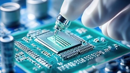 Poster - Gloved Hand Installing Microchip onto Circuit Board