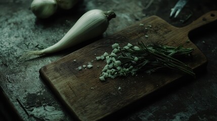 Poster - Chopped onions and herbs on a wooden board