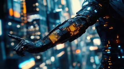 Poster - Futuristic Robotic Arm Pointing in Cityscape