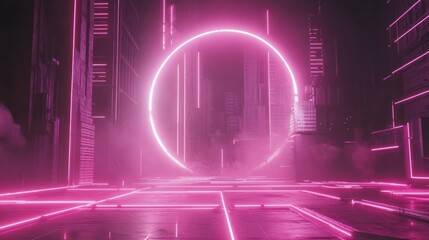 Poster - Pink Neon Lights Illuminate Futuristic Cityscape