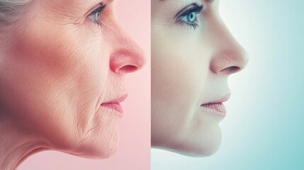 Poster - Contrasting features of aging and youthfulness in two faces side by side highlighting times impact. Generative AI