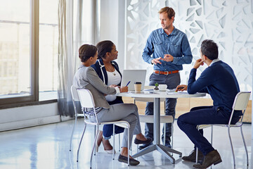 Aufkleber - People, leader or laptop in meeting for discussion, presentation or budget review for business. Teamwork, research or manager with online information for startup project capital or social development