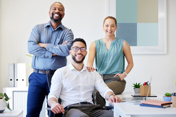 Poster - Happy, office and portrait of business people at startup for company pride, opportunity or career. Professional, creative agency and men and woman with smile for diversity, teamwork or collaboration