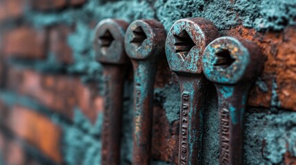 Poster - Rusty Wrenches Against a Brick Wall Background