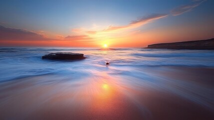 Poster - Serene Sunset Ocean Scene With Rolling Waves and Rocks