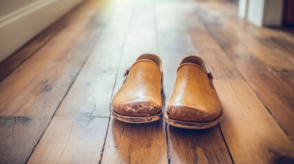 Aufkleber - Worn Leather Shoes Resting On Wooden Floor