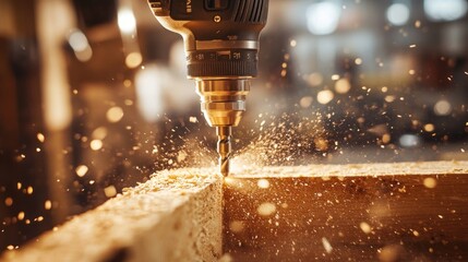 Poster - Drill Bit Puncturing Wood Lumber Creating Wood Shavings