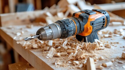 Poster - Cordless Drill on Woodworking Bench With Wood Shavings