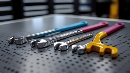 Poster - Colorful Wrenches Arranged on a Metallic Surface