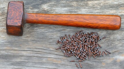 Poster - Wooden Hammer and Pile of Rusty Nails on Wood