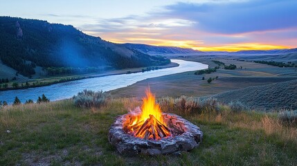 Poster - Campfire Burning Bright at Sunset Over River Valley