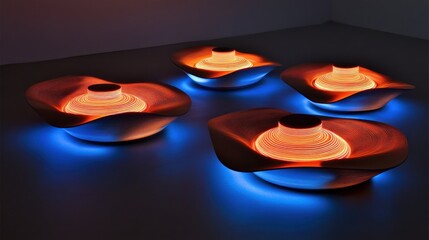 Poster - Four Modern Sculptures Illuminated With Orange And Blue Light