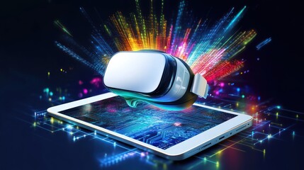 Poster - Virtual Reality Headset on Tablet Displaying Digital Data