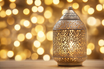 Elegant golden Ramadan lantern with intricate patterns glowing in warm light, set against a blurred background with festive bokeh, symbolizing spirituality and celebration.