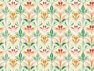 Poster - Floral Damask Pattern:  A seamless, elegant damask pattern featuring stylized flowers in soft pink, peach, and gold hues against a creamy background.