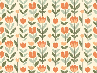 Wall Mural - Mid Century Modern Floral Pattern: A seamless repeat pattern featuring stylized tulips in muted orange and peach tones against a creamy background. Perfect for textile design, wallpaper.