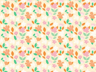 Poster - Floral Delight Seamless Pattern: A vibrant and cheerful pattern of stylized flowers and leaves in shades of pink, orange, and green on a soft cream background.