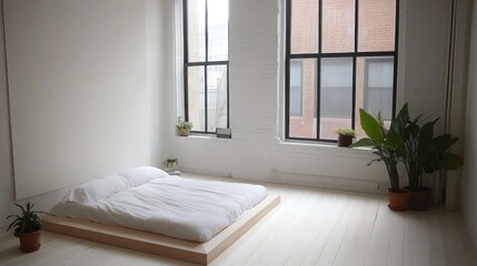 Aufkleber - Minimalist bedroom with white bedding and large windows