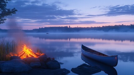 Poster - Serene lakeside campfire with canoe at dawn